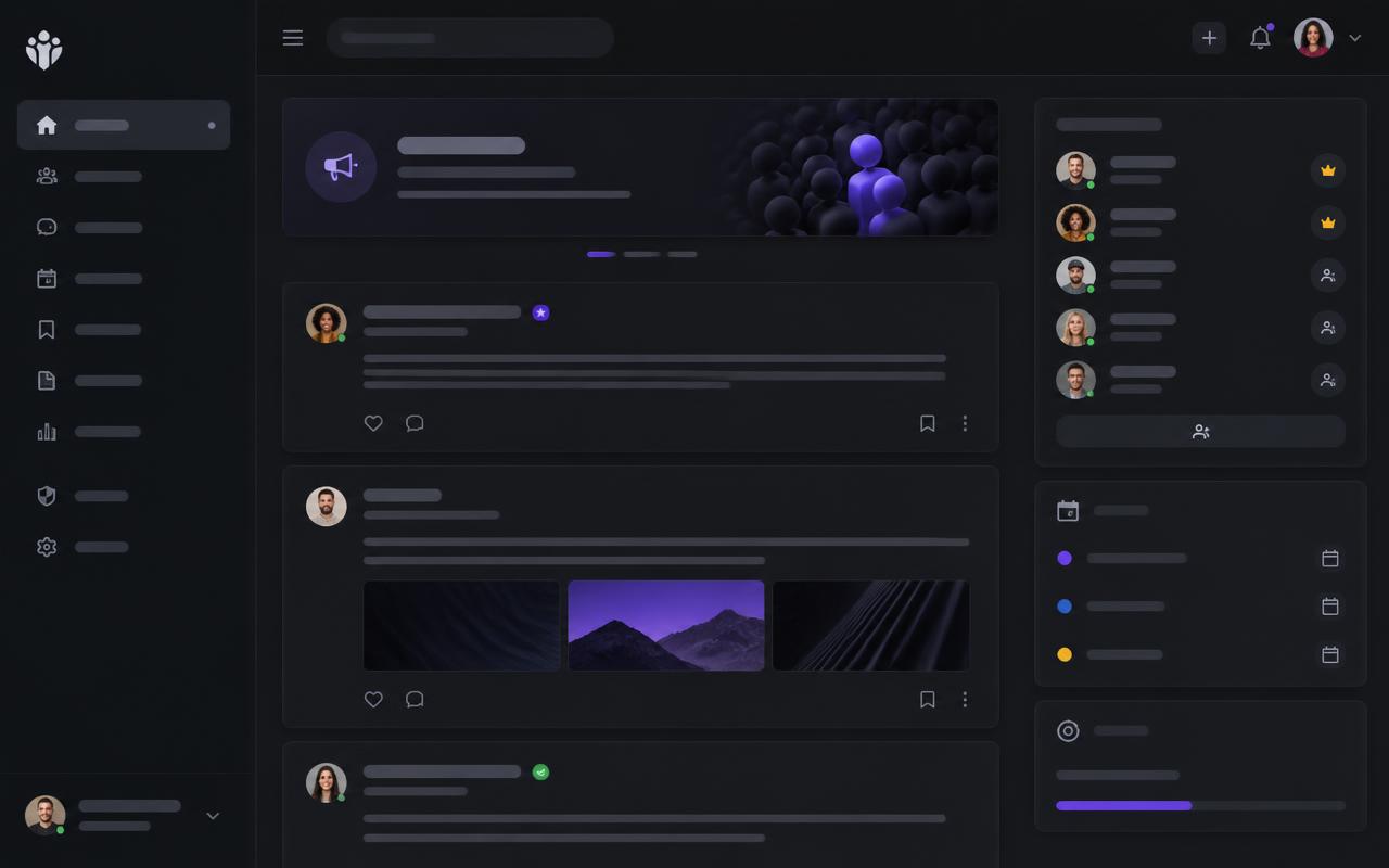 Private community dashboard with announcements, member feed, and sidebar navigation